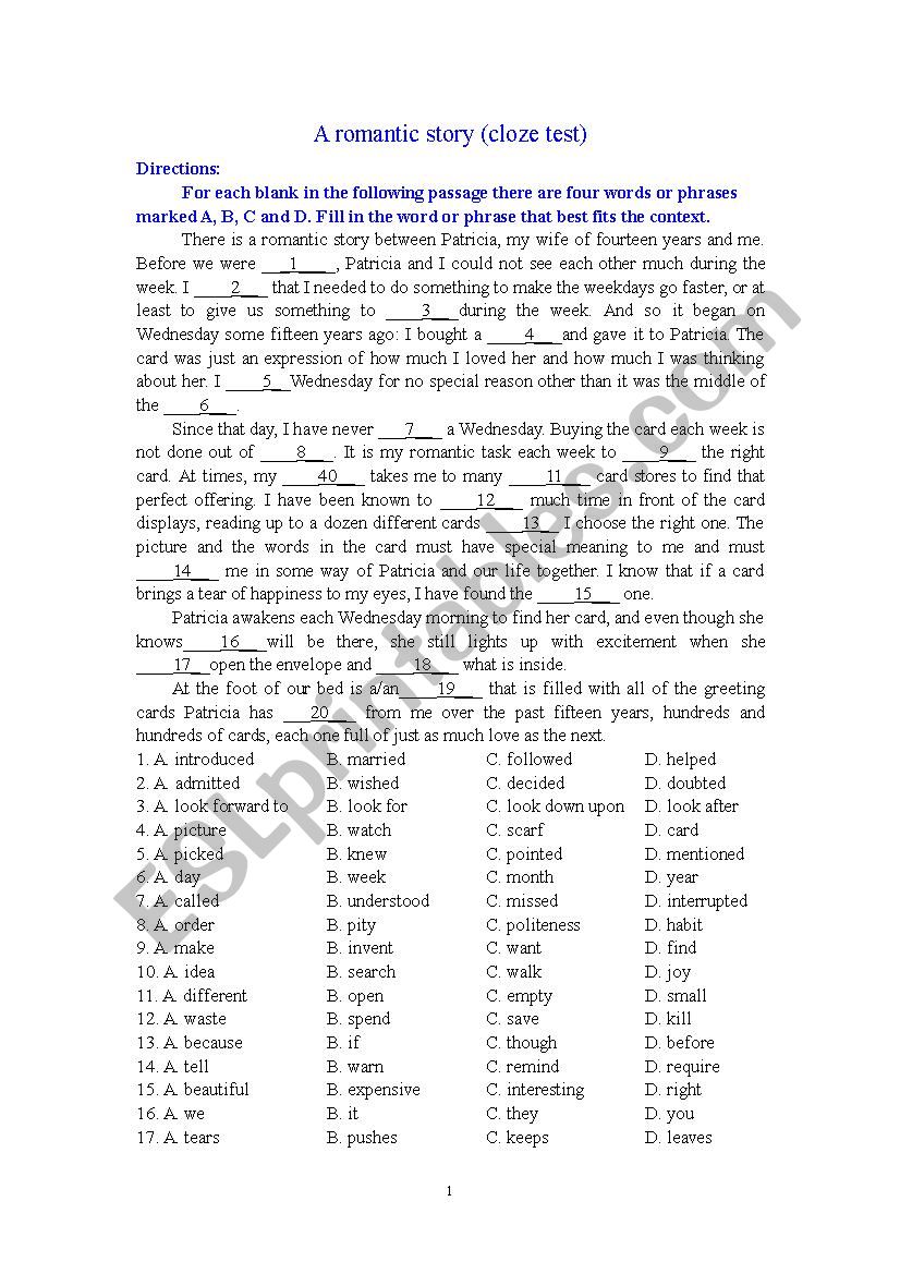 A romantic story (cloze test) worksheet