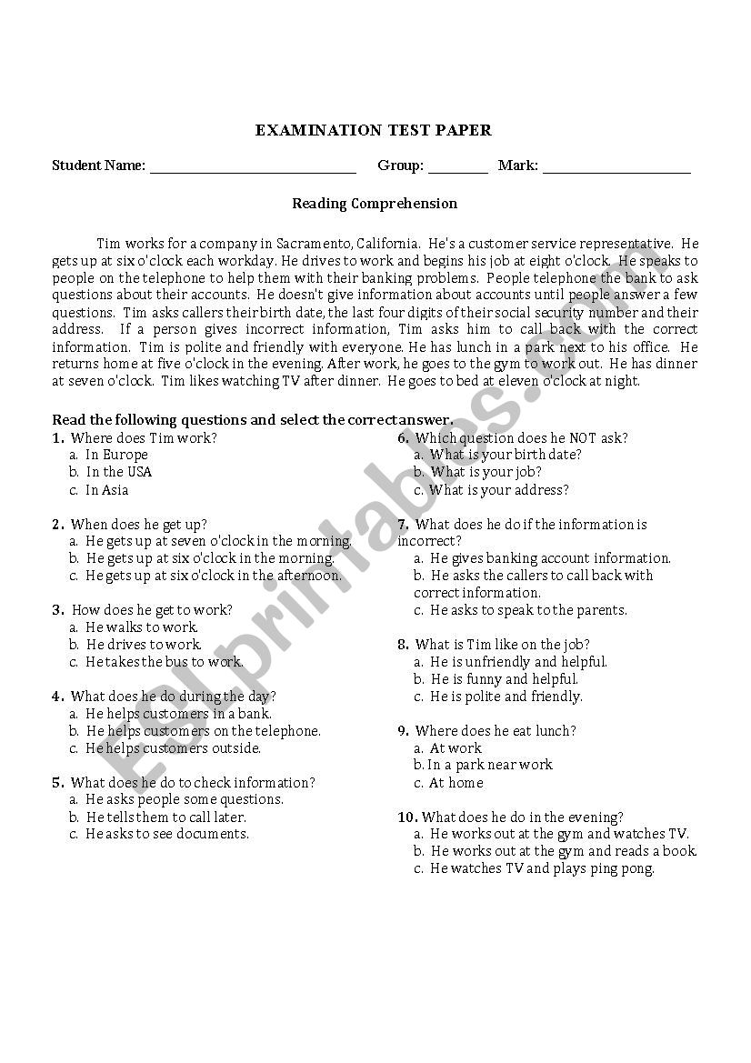 Reading comprehension worksheet