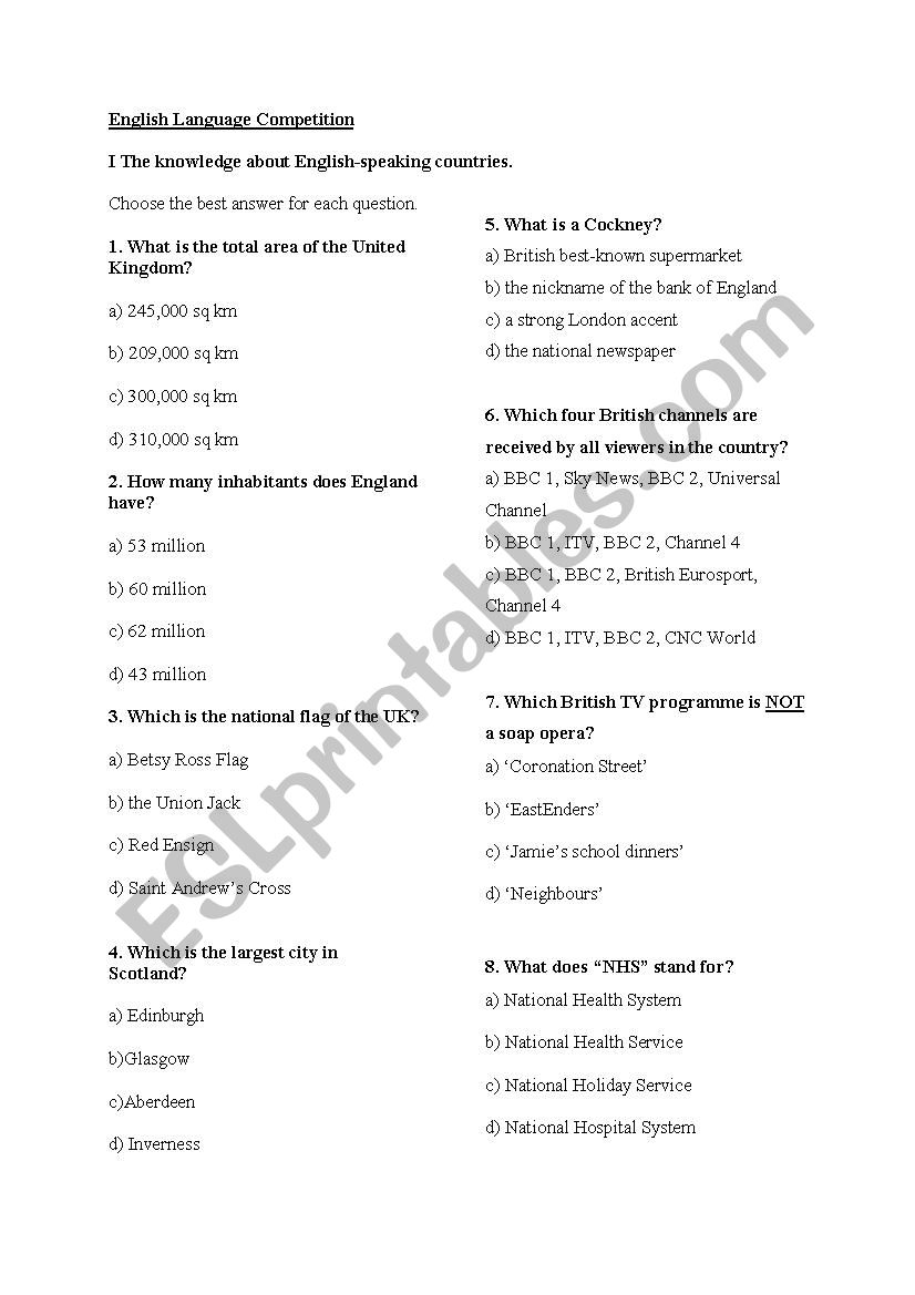 English Language Competition worksheet