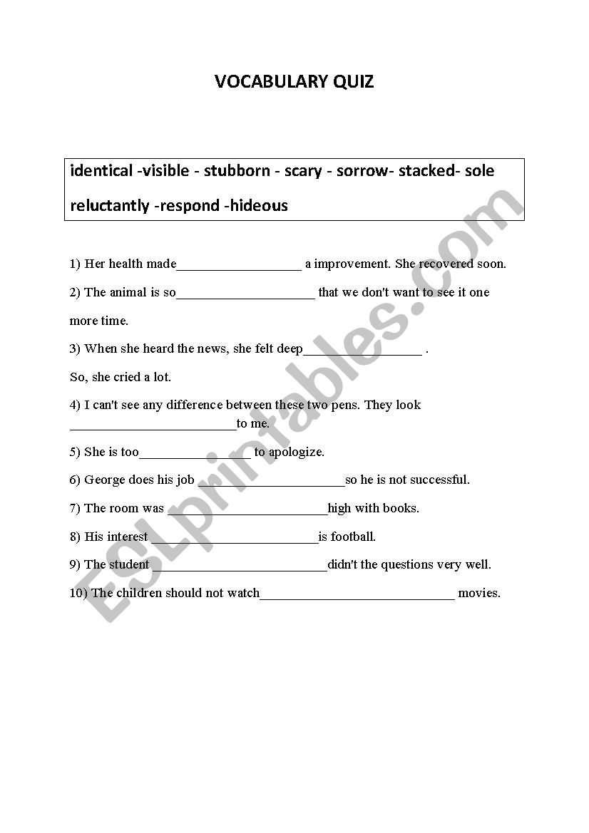 Vocabulary Quiz worksheet