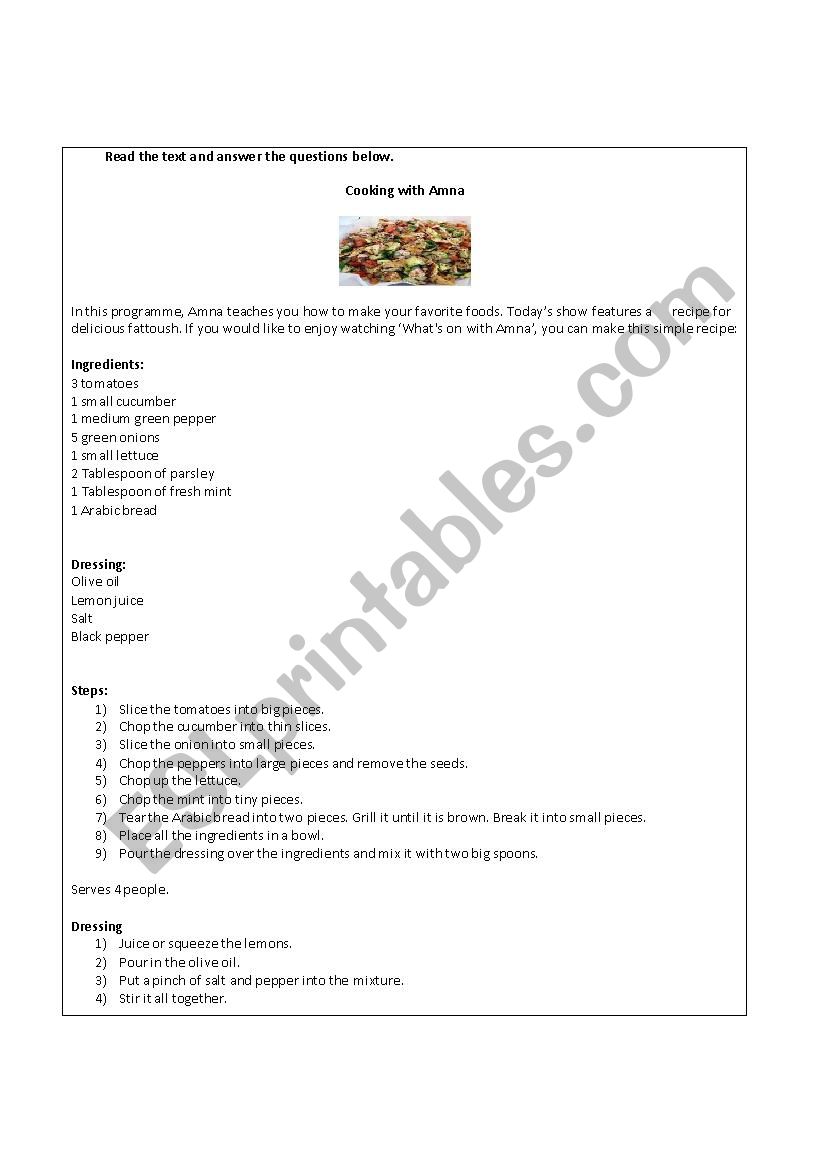 a recipe for fattoush worksheet