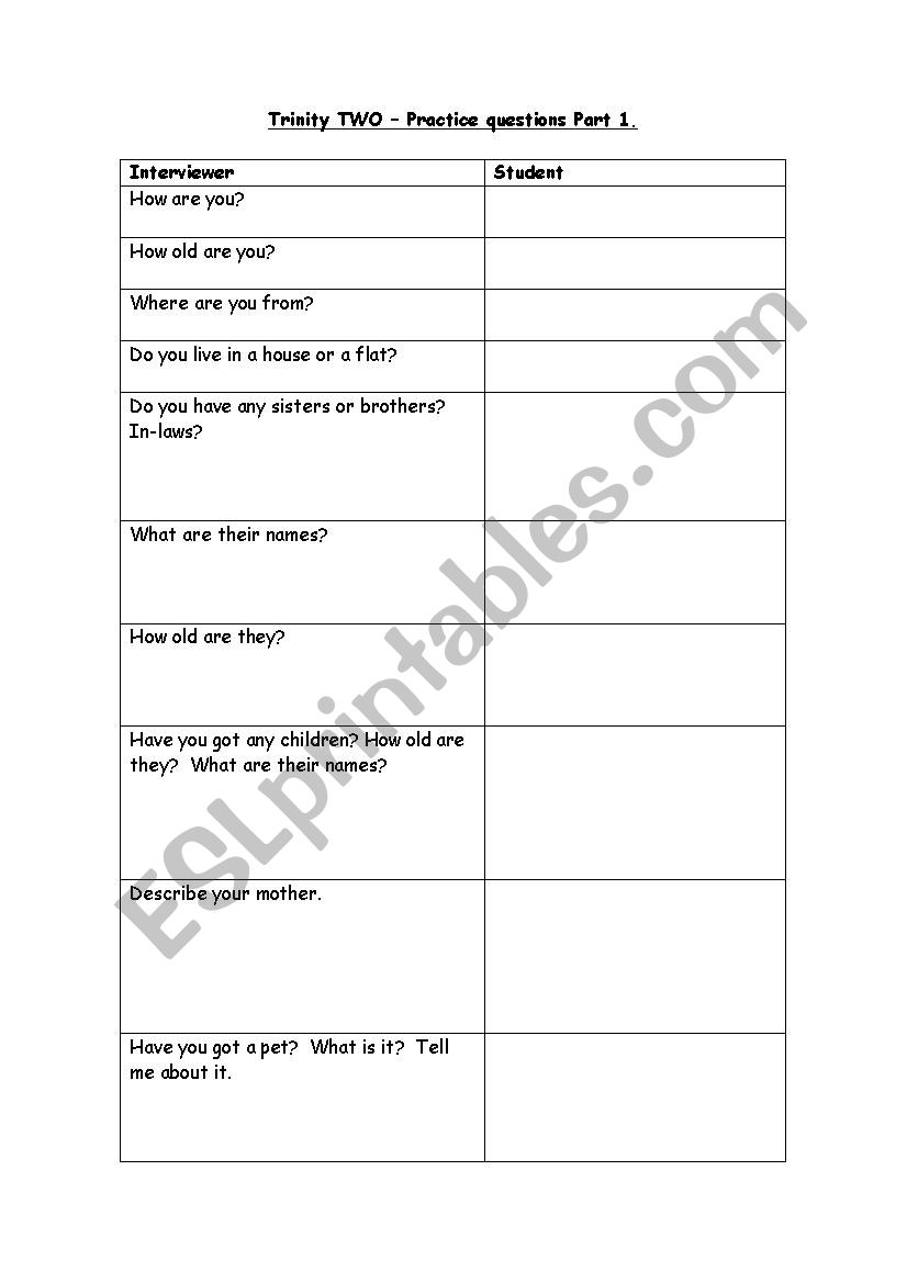 TRINITY ORAL EXAM   worksheet