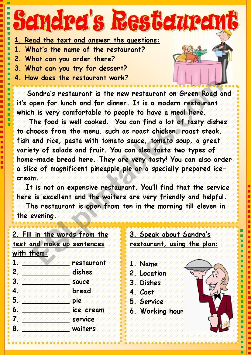 Sandra´s Restaurant - ESL worksheet by Tmk939