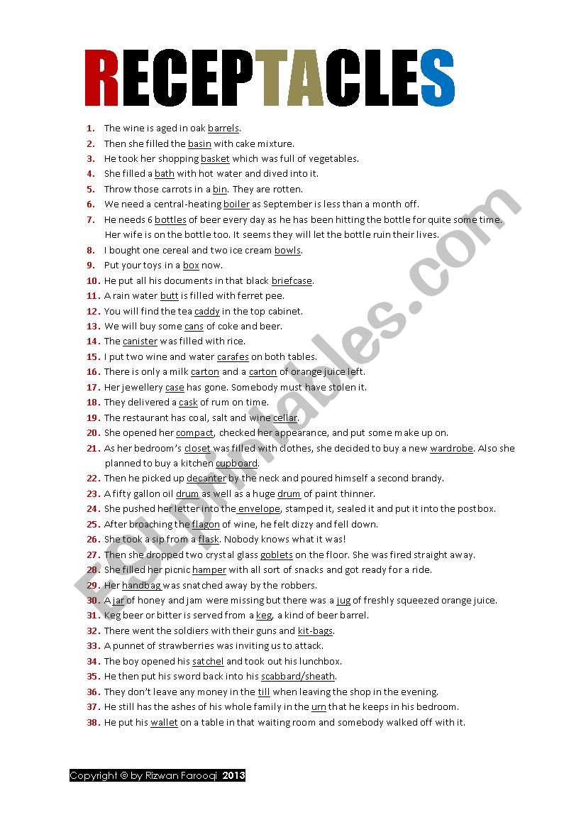 RECEPTACLES worksheet