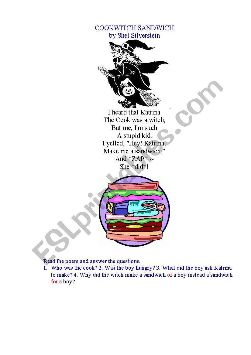 COOKWITCH SANDWICH ( a poem) worksheet