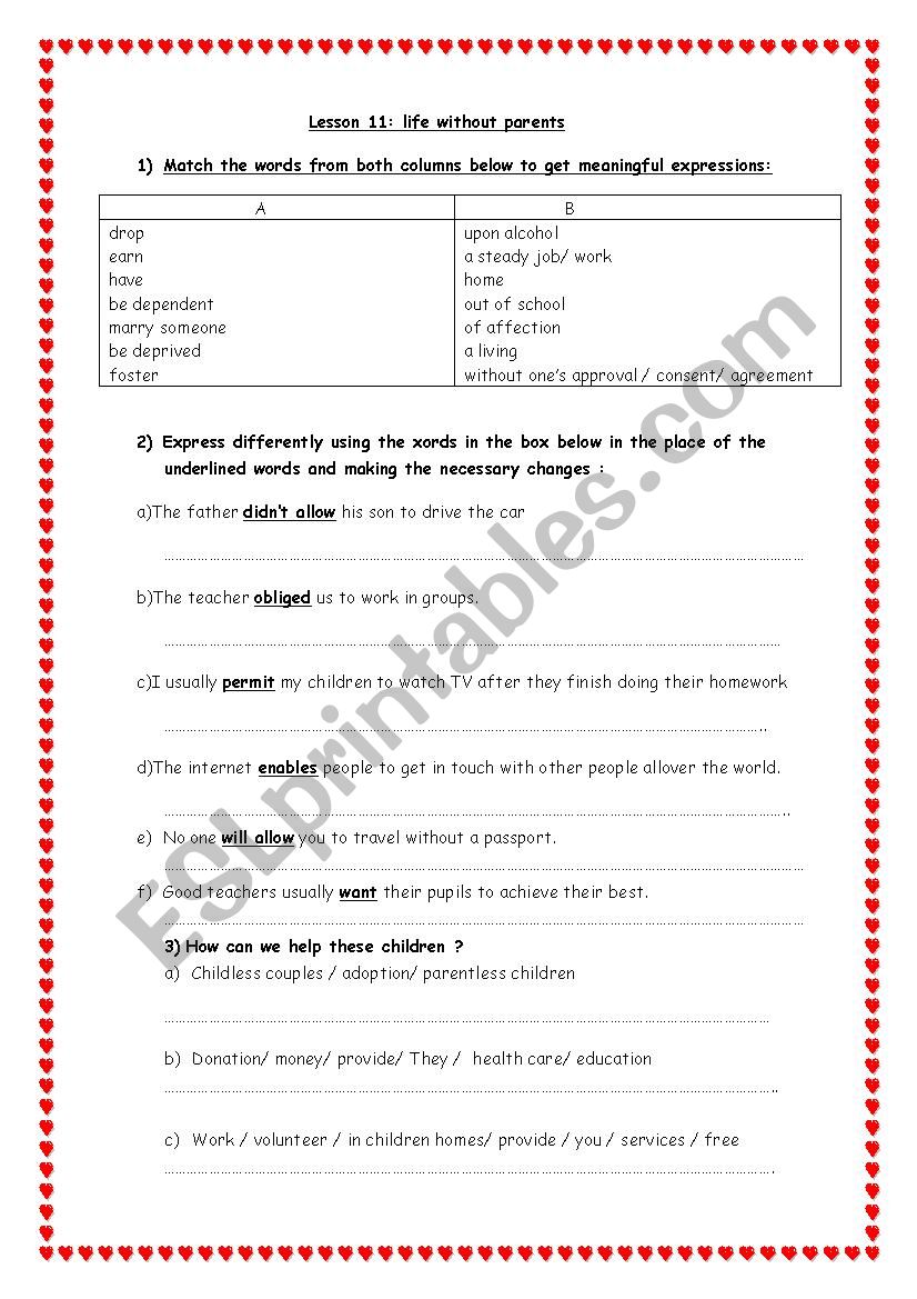 life without parents  worksheet