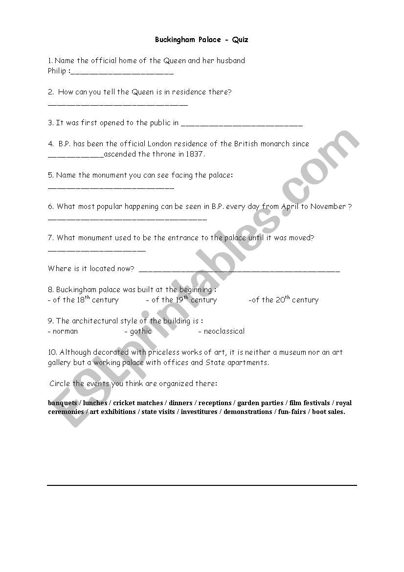 Buckingham palace quiz worksheet