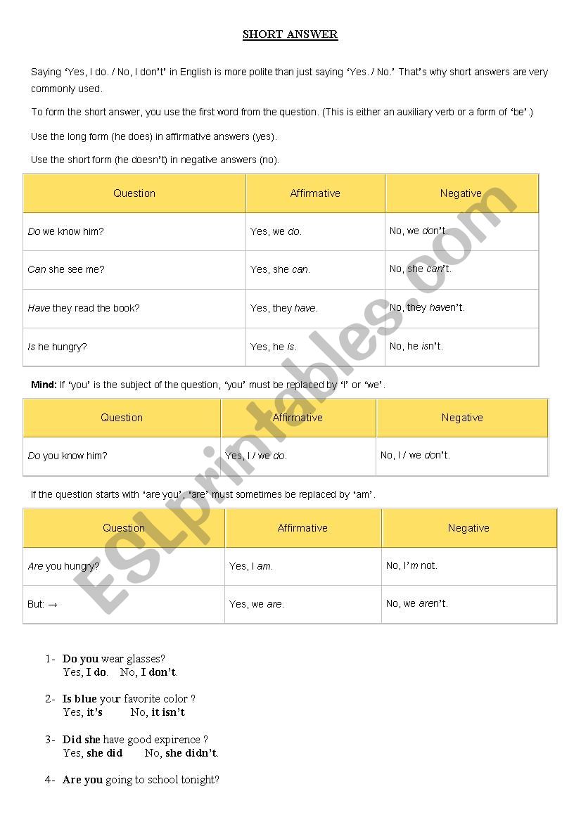 Short answer worksheet