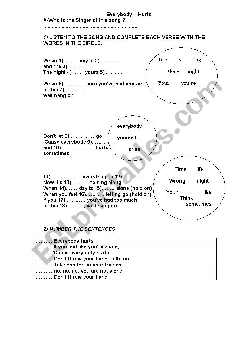 Everybody Hurts worksheet