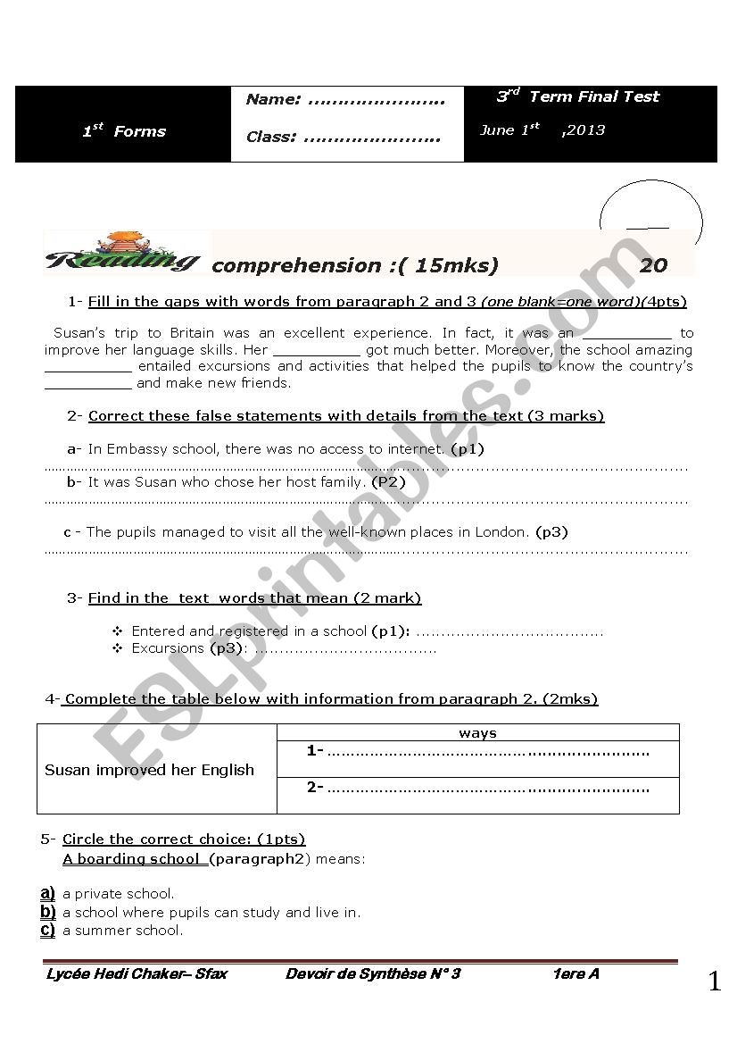  1st form end term test worksheet