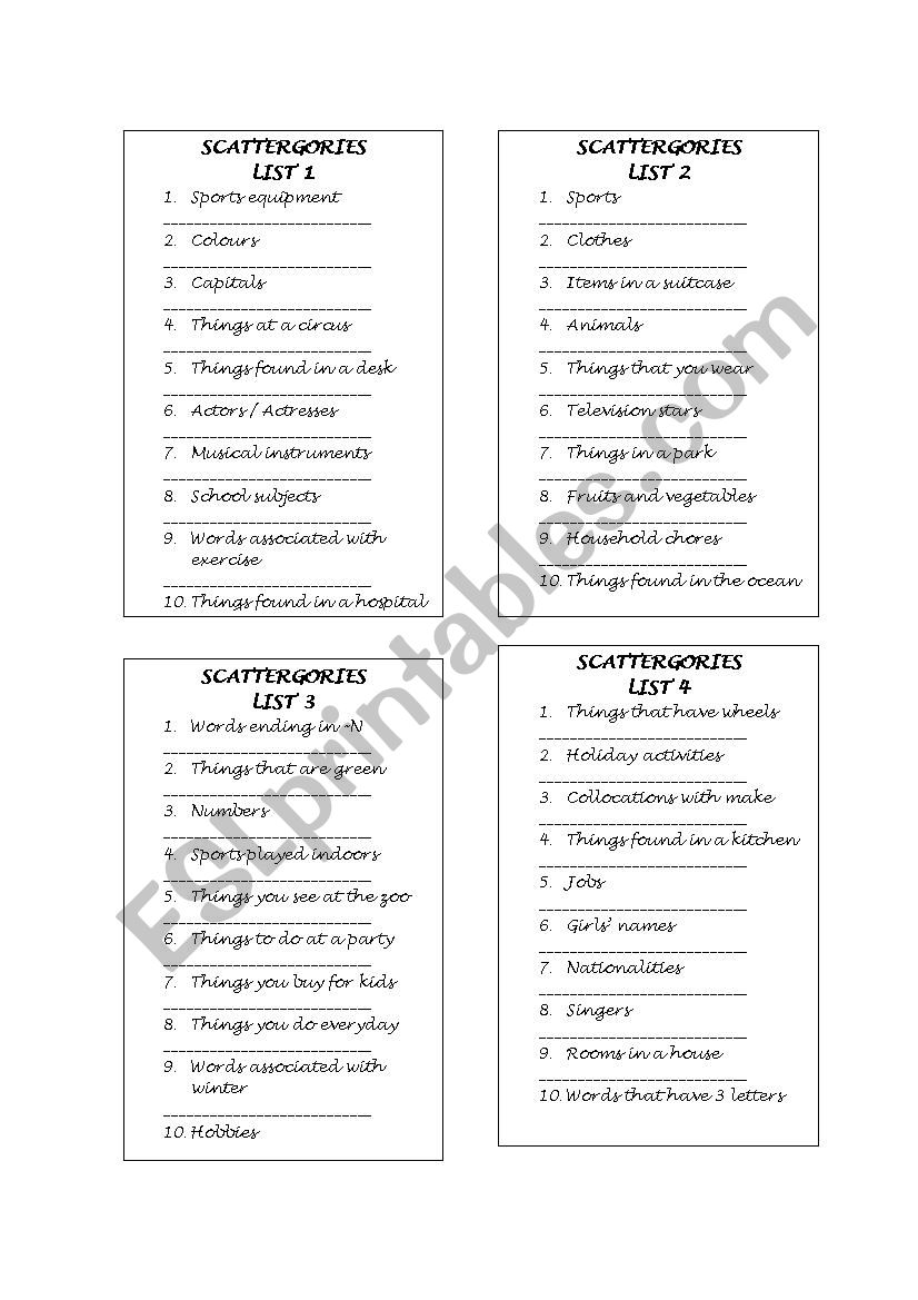 Scattergories worksheet