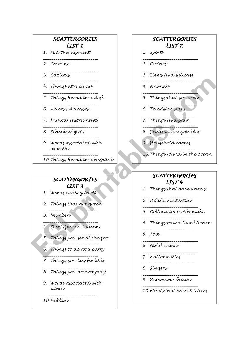 Scattergories worksheet