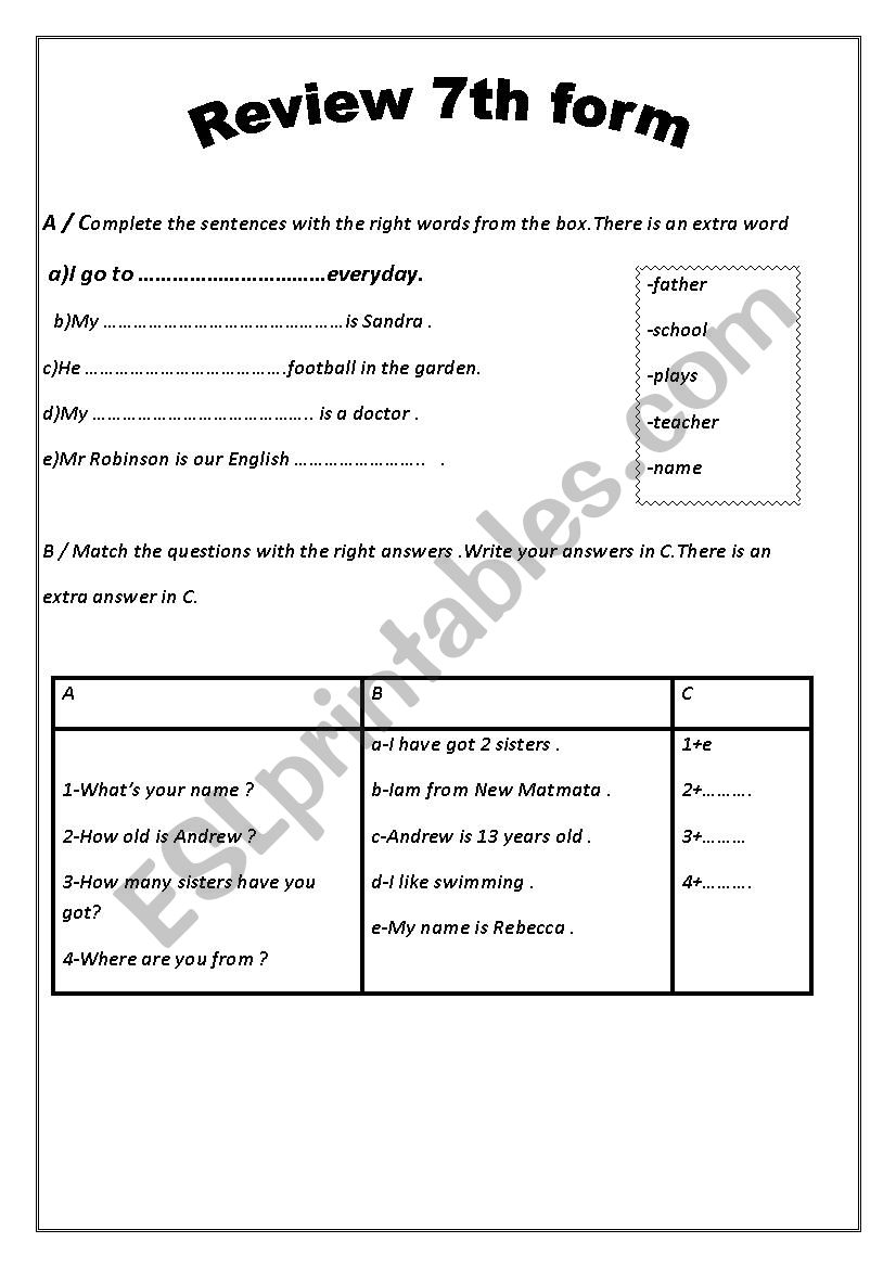 Review 7th form worksheet