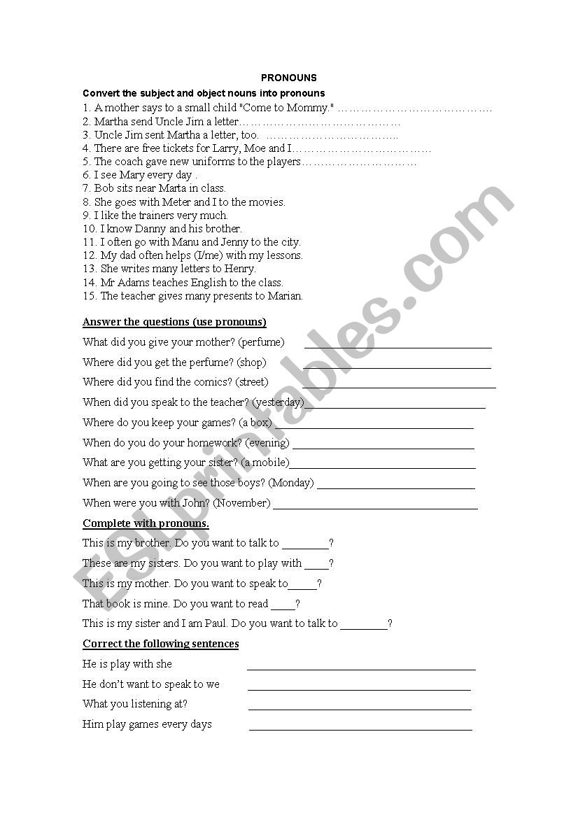 Pronouns worksheet