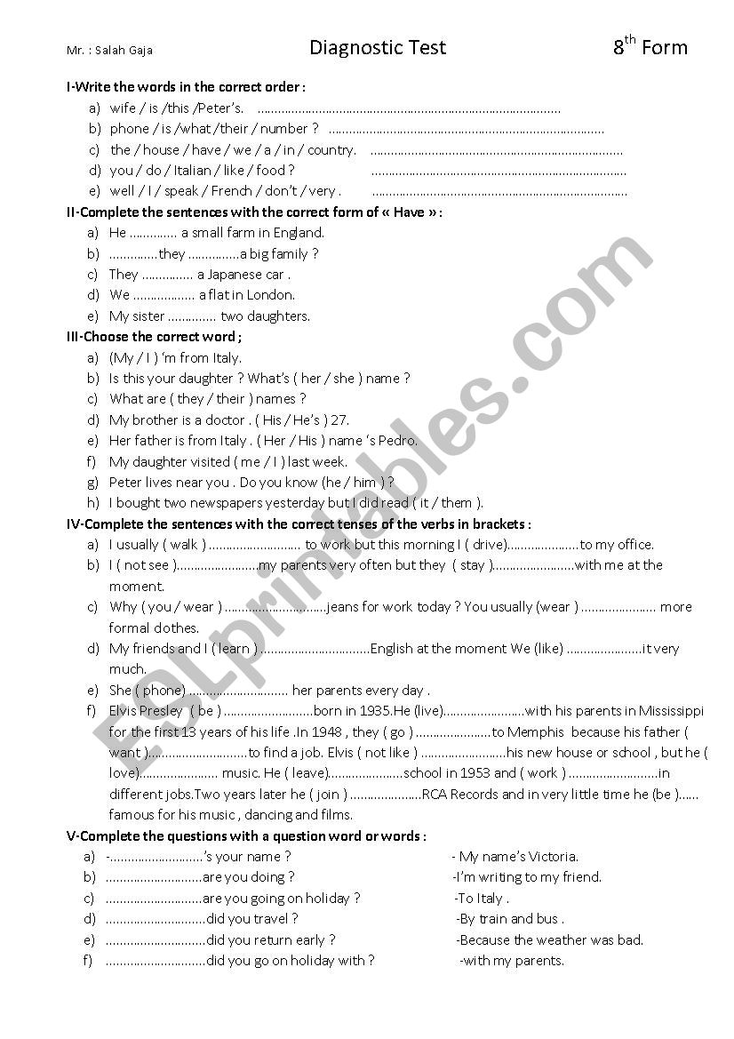 diagnostic test worksheet