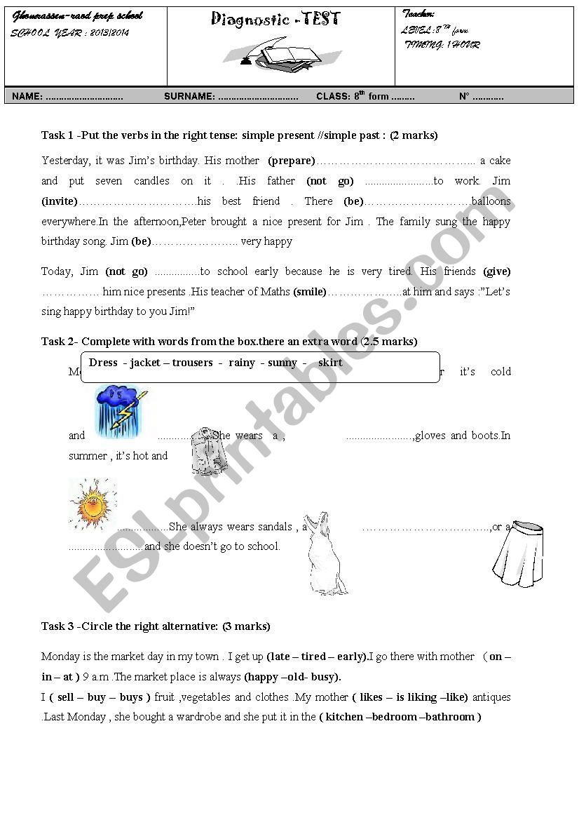 Diagnostic test 8th form worksheet