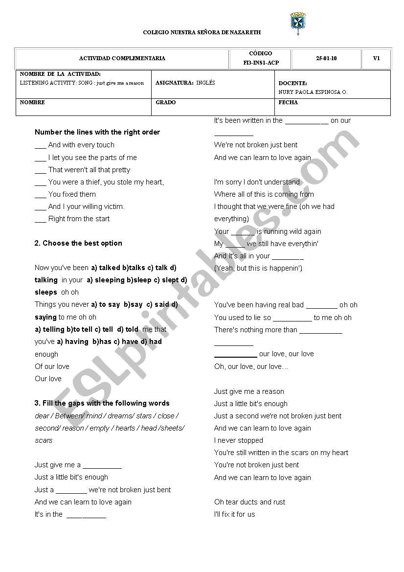 just give me a reason- PINK worksheet