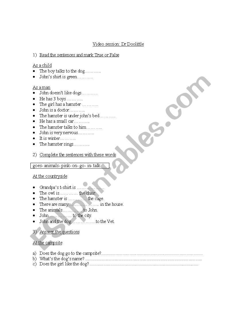 Dr. Doolittle worksheet