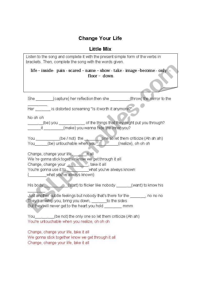 CHANGE YOUR LIFE  worksheet