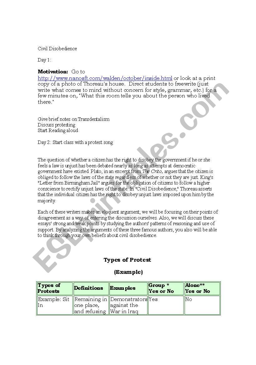 Cinvil Disobedience worksheet