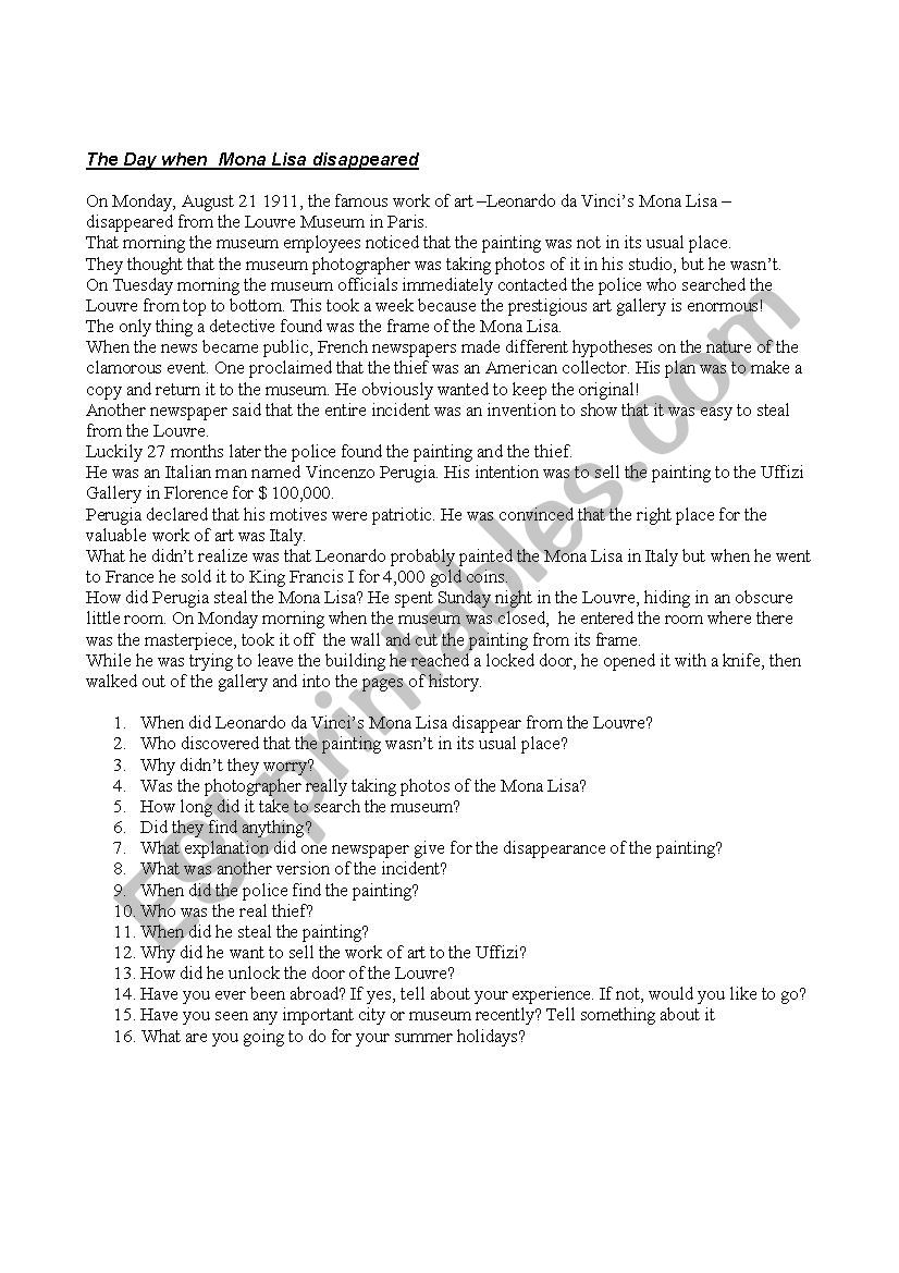 The Mona Lisa worksheet