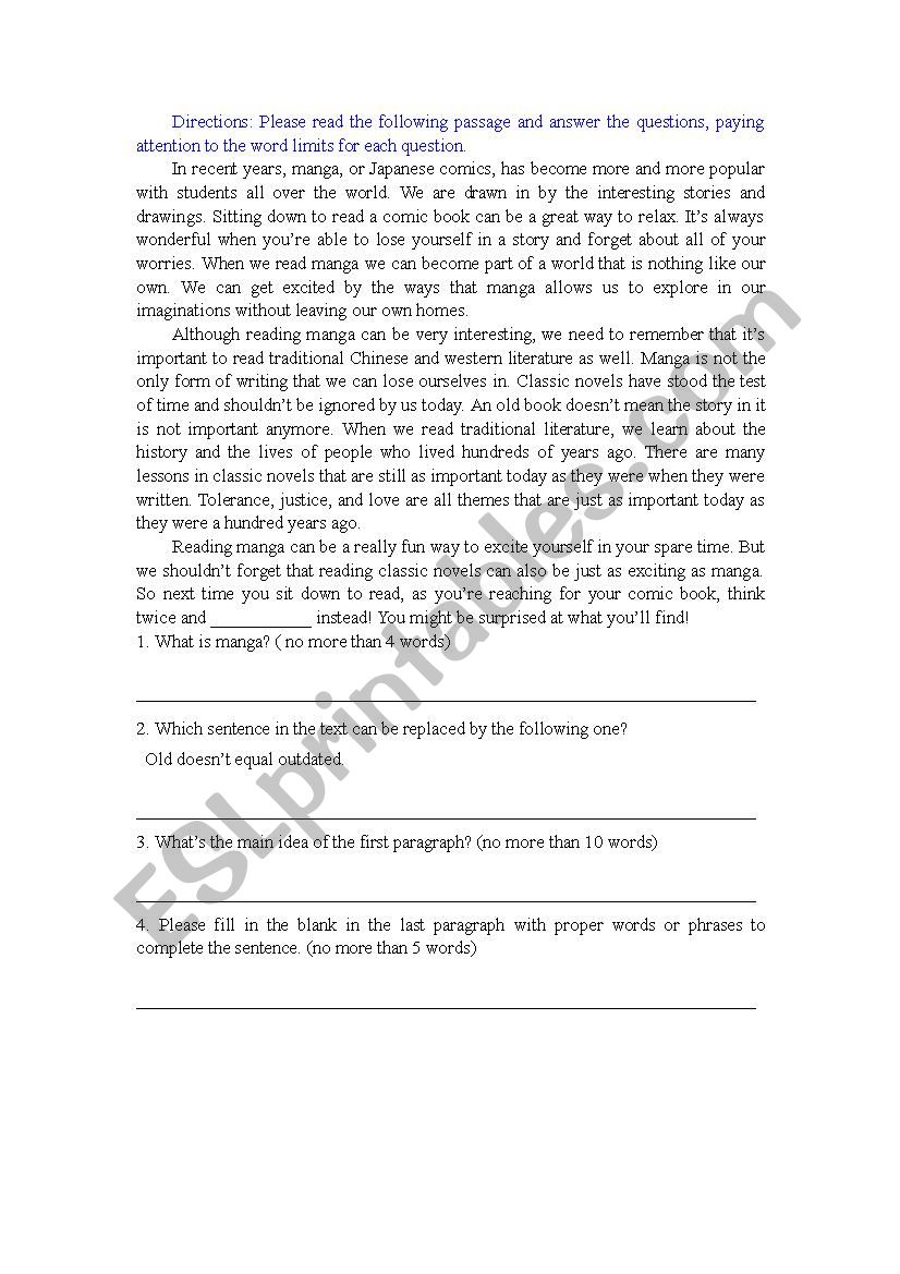 Japanese comics worksheet