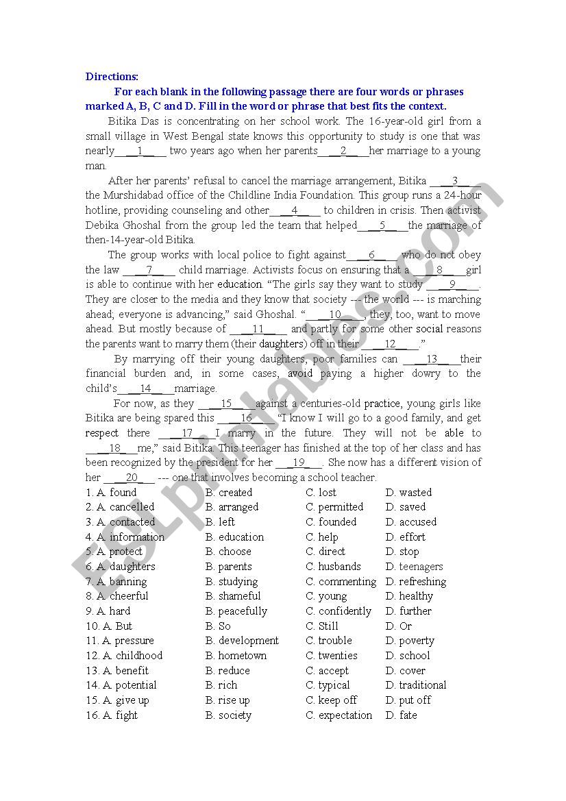 fighting child marriage worksheet