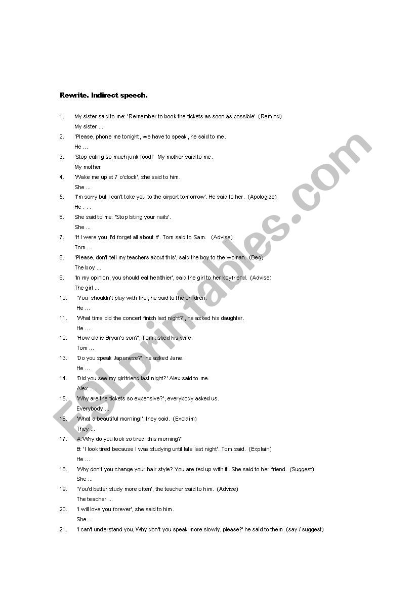 indirect speech worksheet