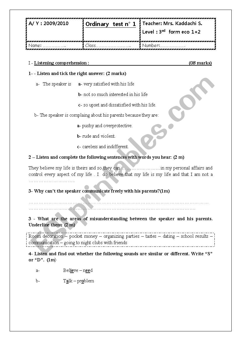 it is a mid term test n1  worksheet