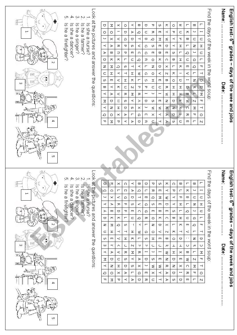 days and jobs worksheet