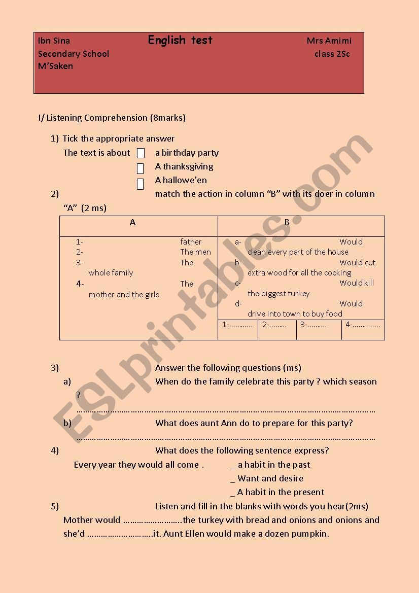 TEST N1 second year (tunisian pupils)