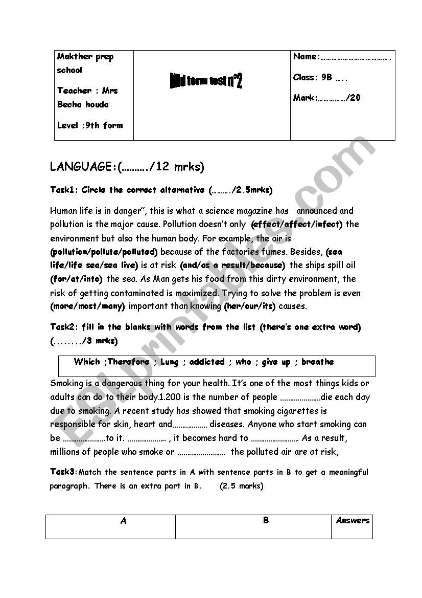 mid term test 9th form worksheet