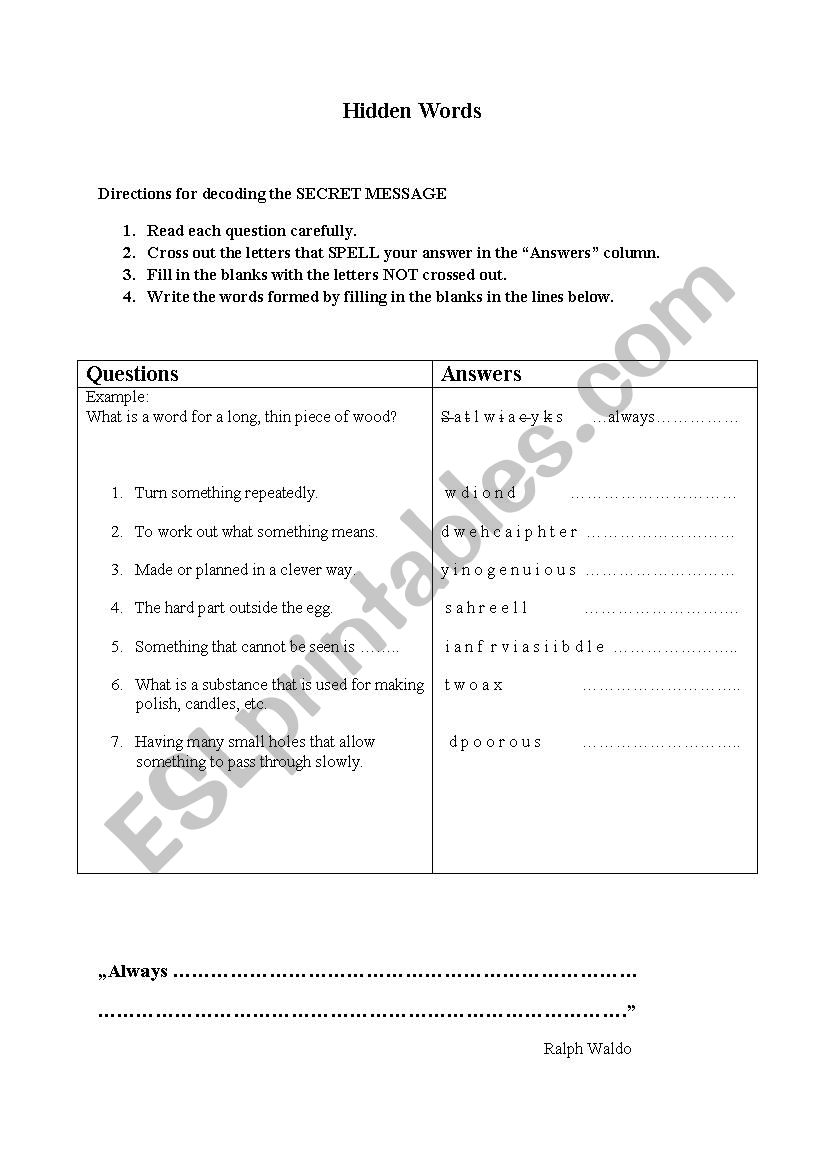 Hidden words  worksheet