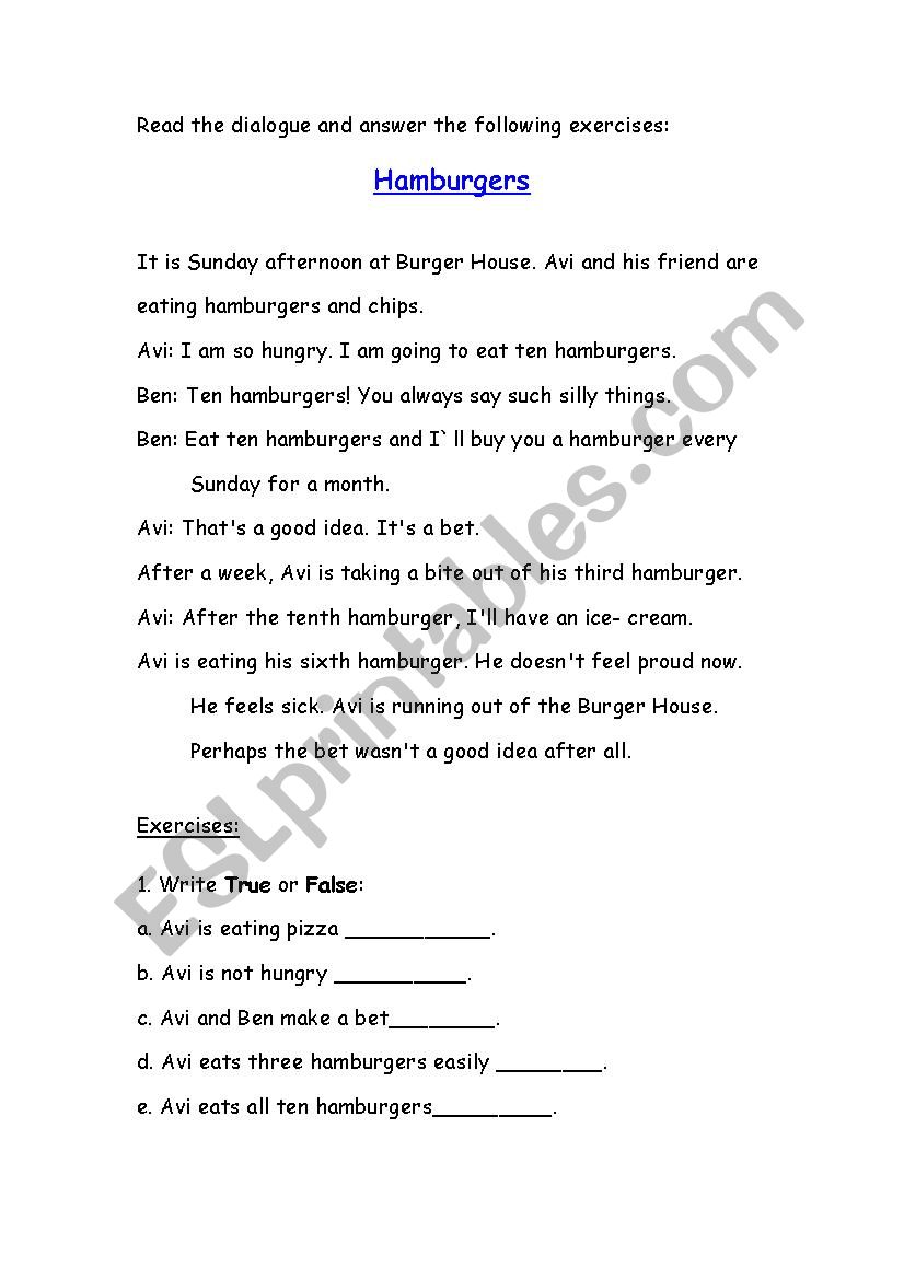 Unseen-Hamburger worksheet