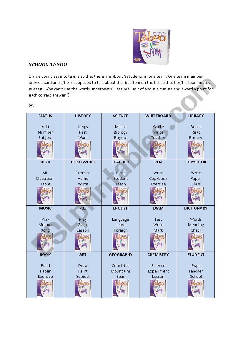 SCHOOL vocabulary Taboo game worksheet