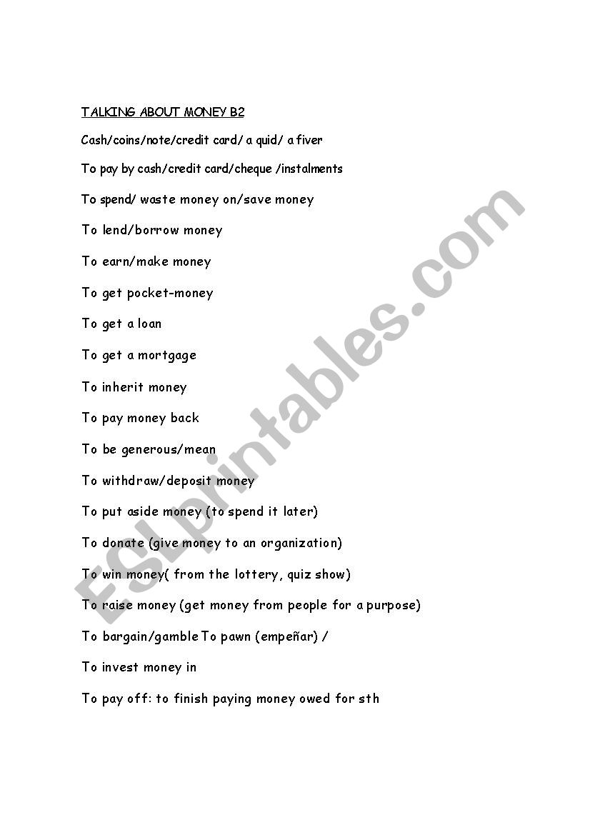 Money vocabulary B2 worksheet