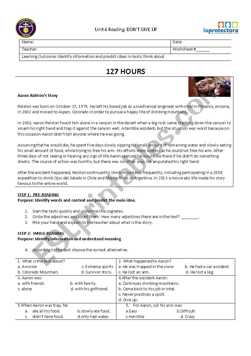 127 hours worksheet