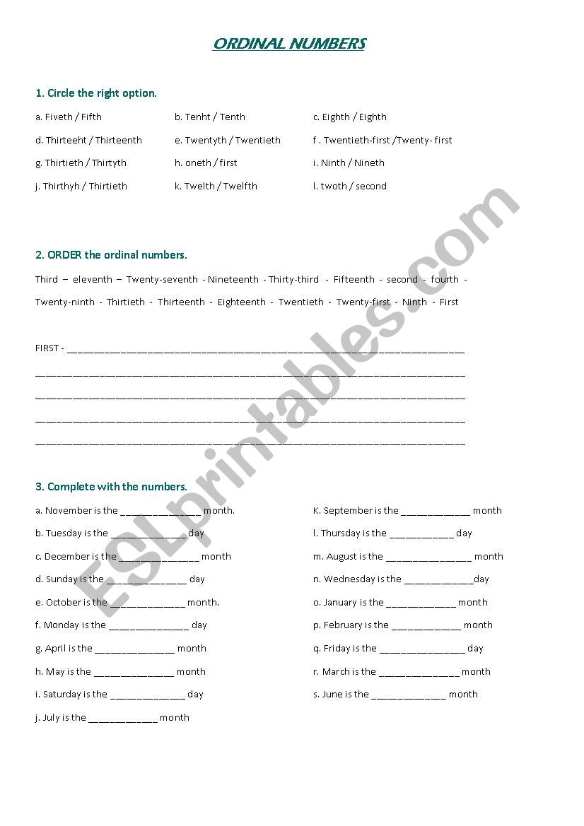 Practice Sheet Ordinal Numbers