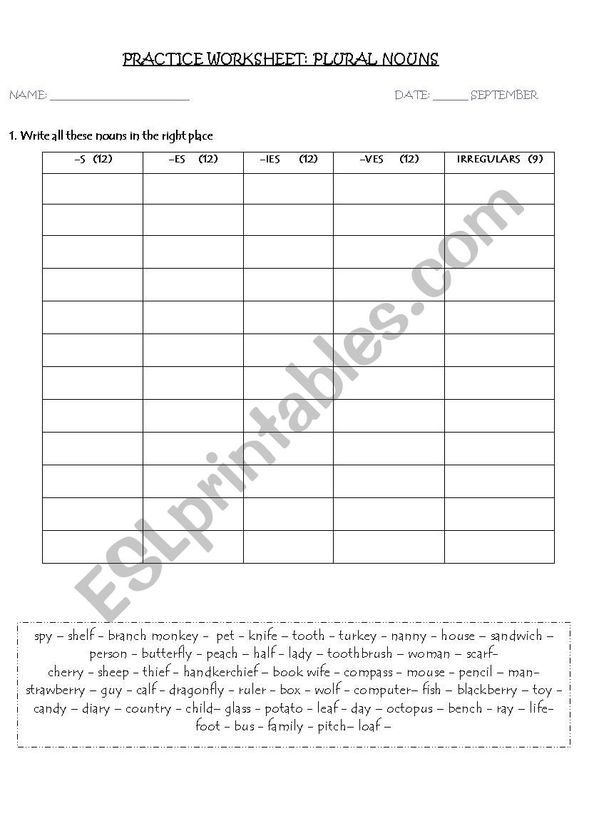 Practice Plural nouns worksheet