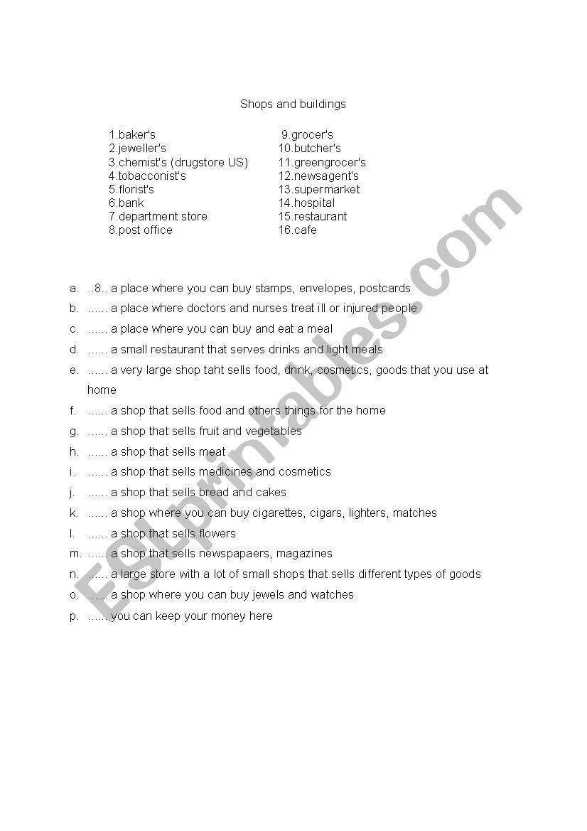 Shops and buildings worksheet