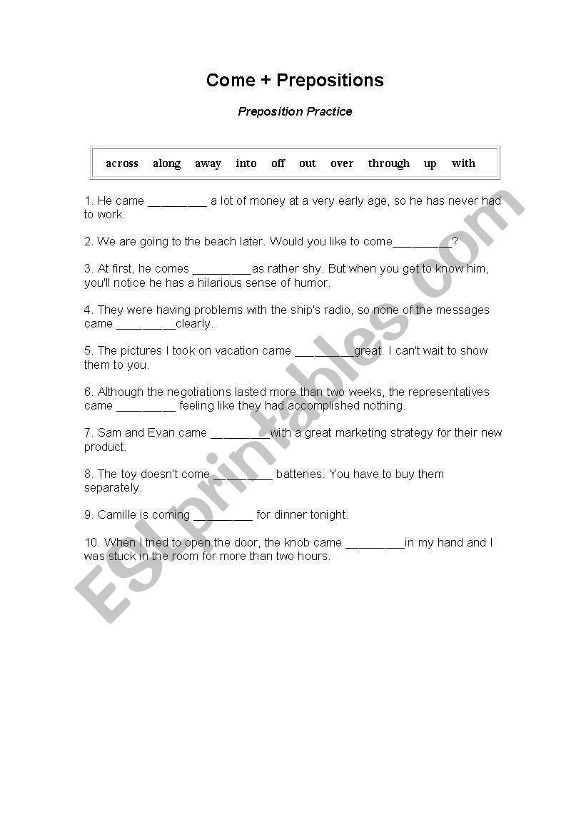 Come + prepositions worksheet