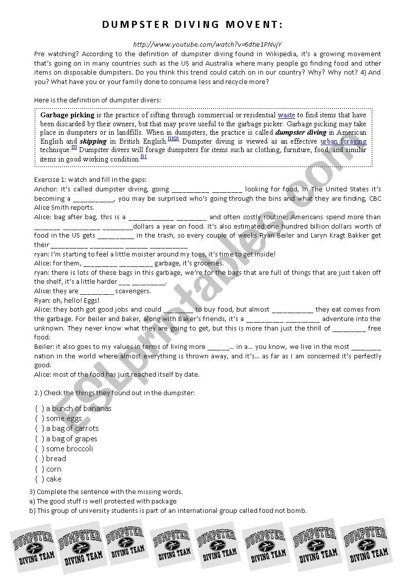 DUMPSTER DIVING MOVEMENT worksheet