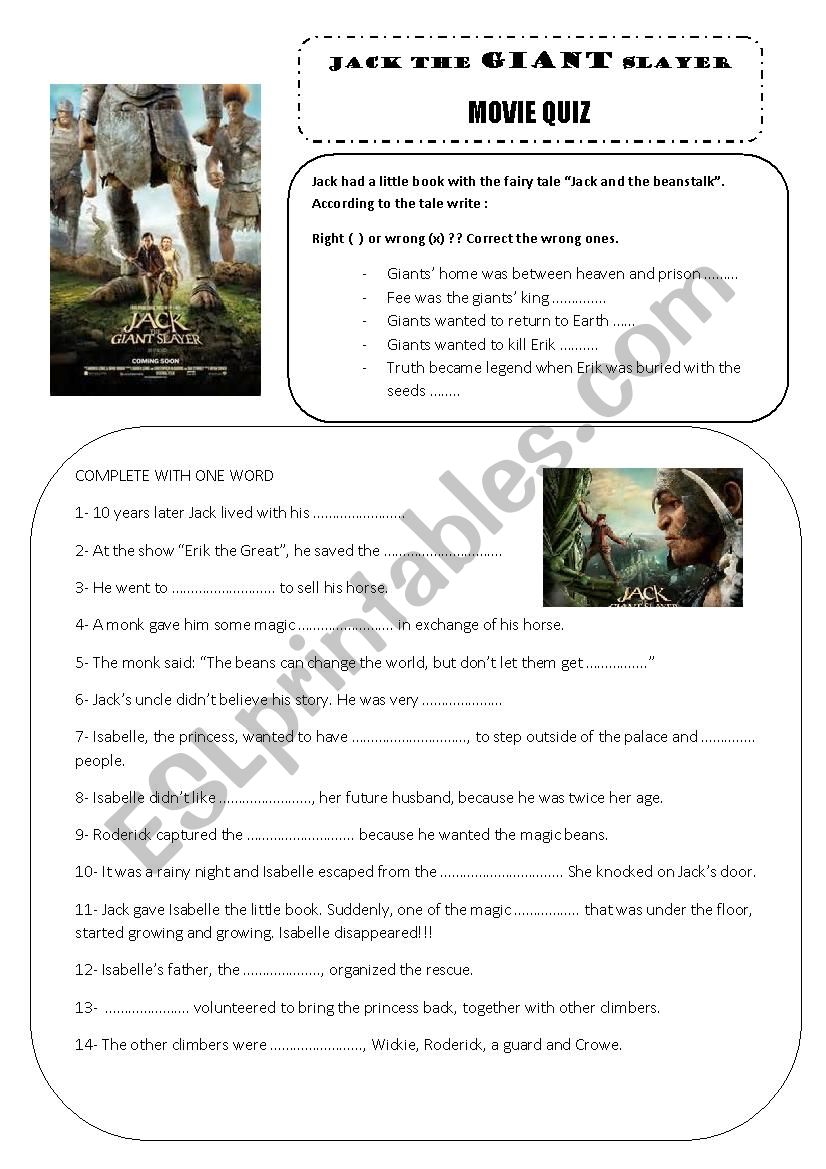 JACK AND THE GIANT SLAYER worksheet