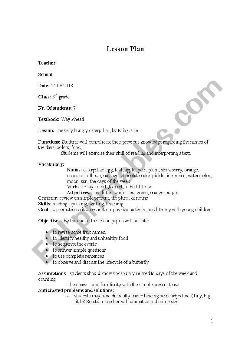 Lesson plan- The very hungry caterpillar