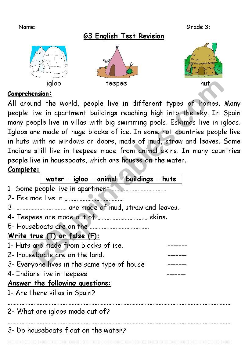 Grade 3 test revision 2 - ESL worksheet by sokar