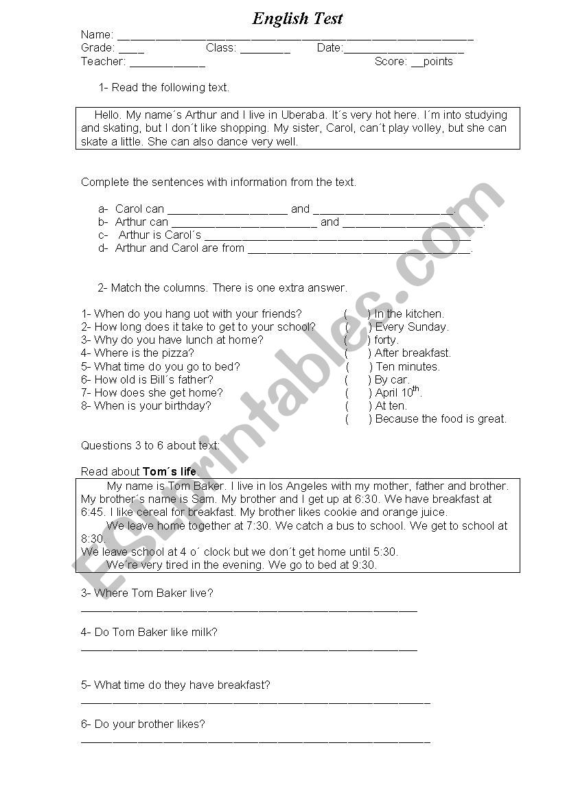 english test worksheet