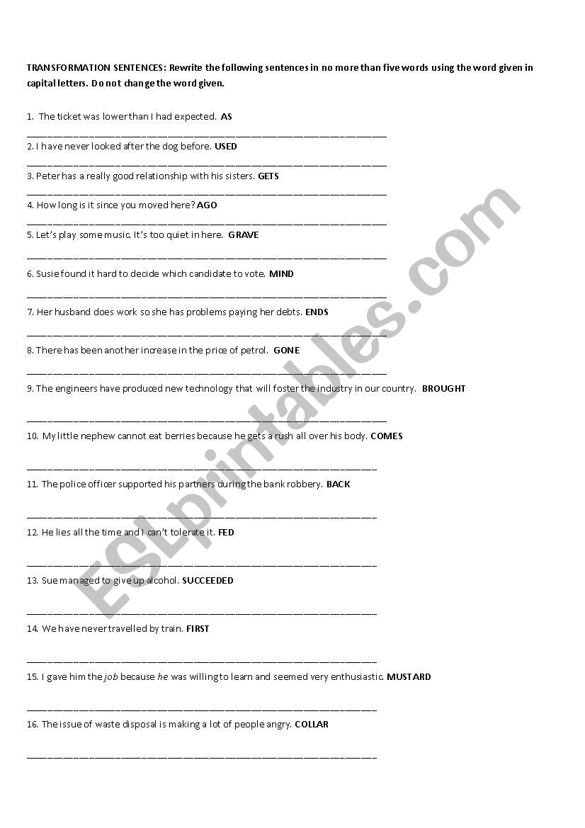 Transformation Sentences  worksheet