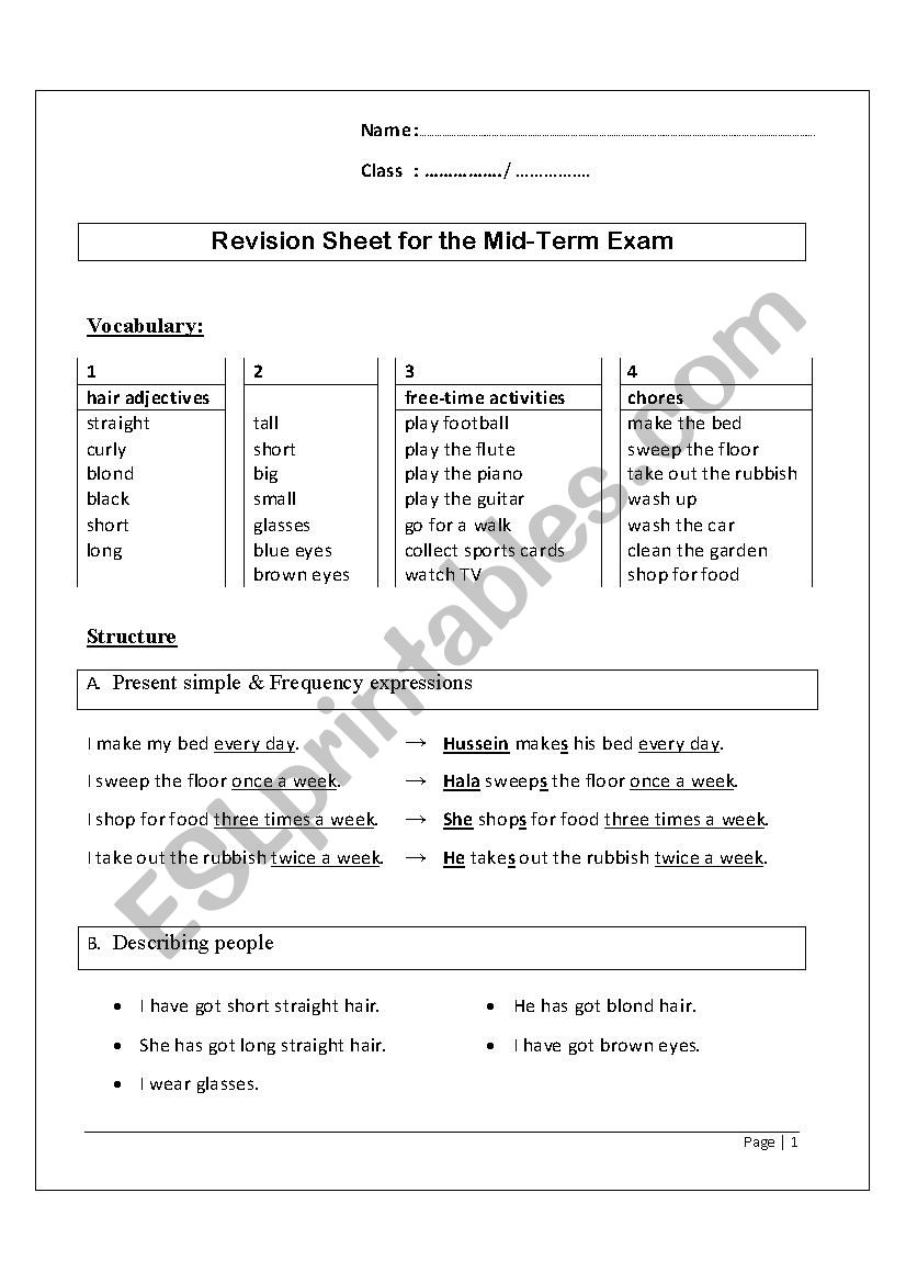 Revision Sheet worksheet