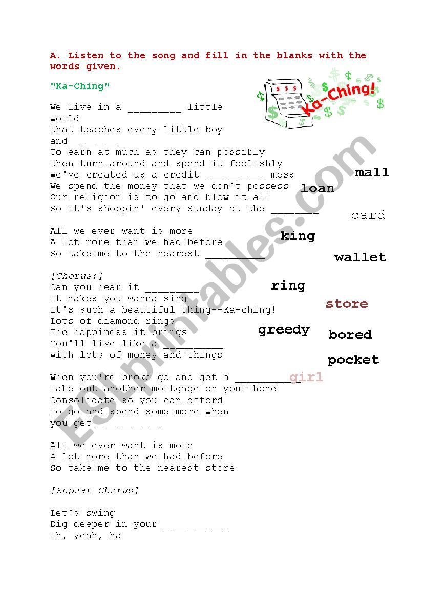 KaChing by Shania Twain worksheet