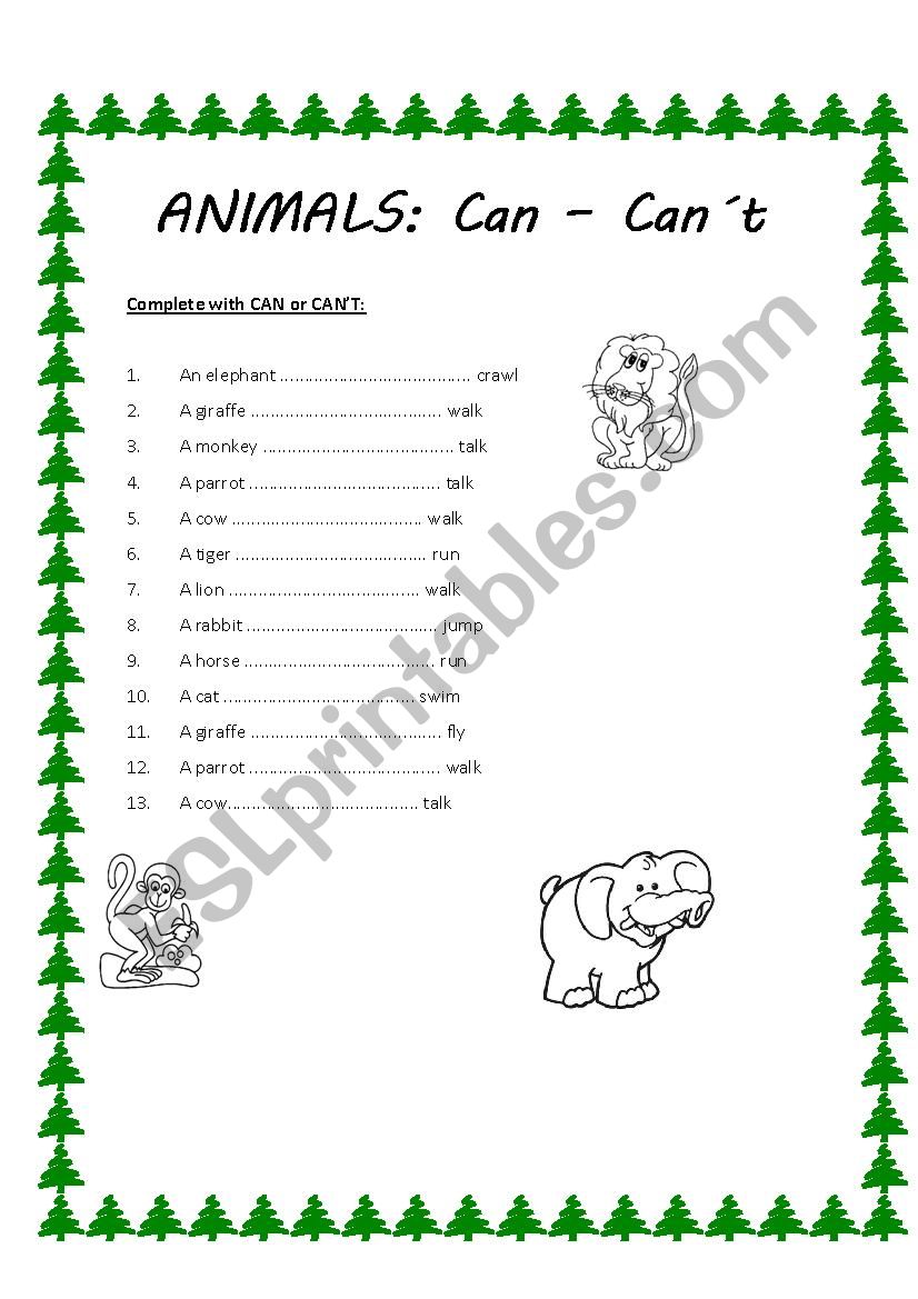 CAN - CANT WITH ANIMALS worksheet